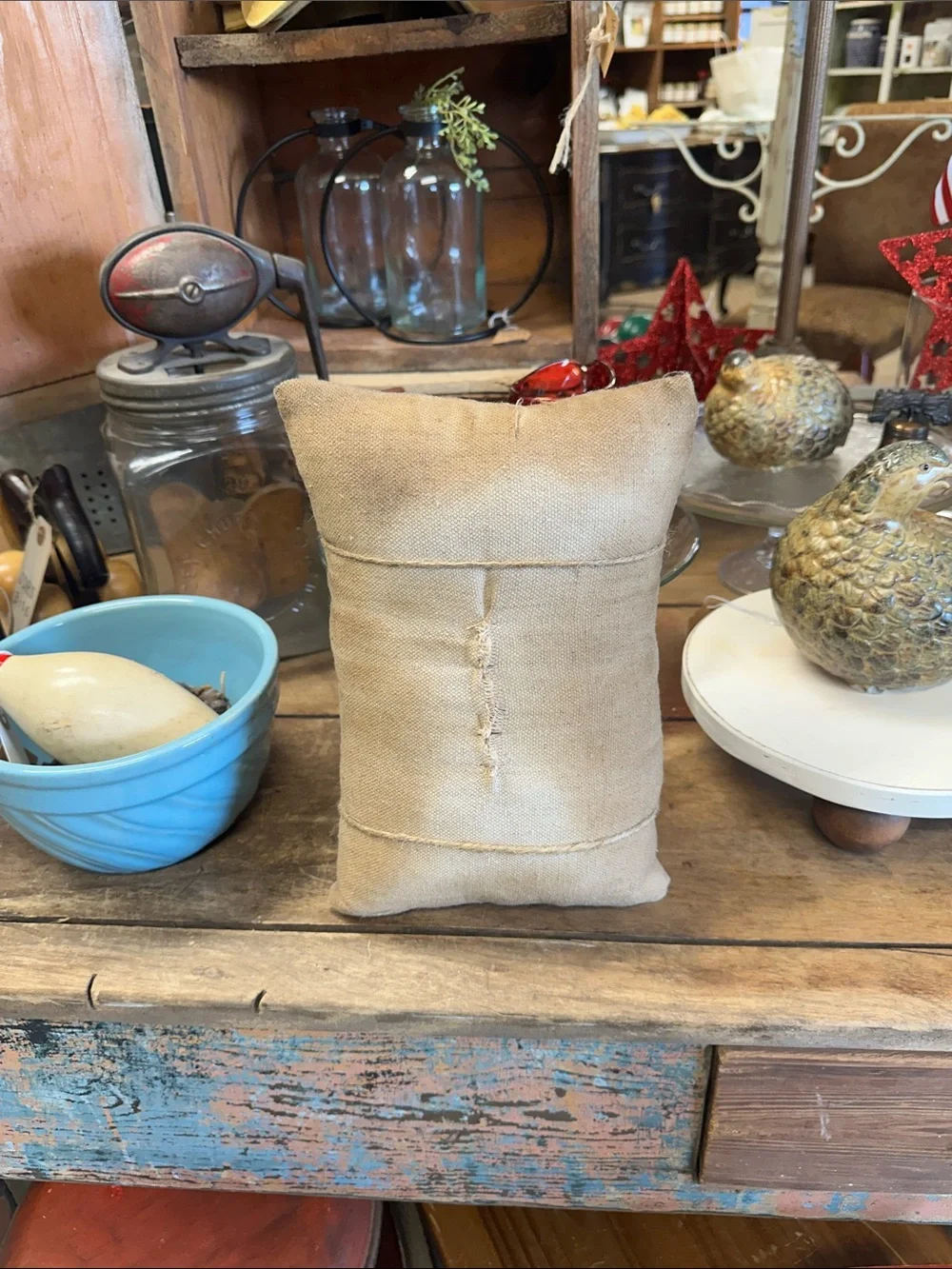 Grungy Patriotic Burlap Pillow with Lincoln holding a Vintage Flag .
